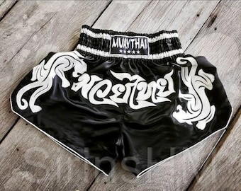 Muay Thai Boxing Shorts for Adult - Black with Silver Tigers