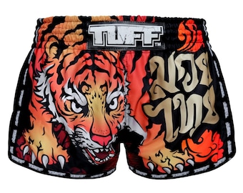 Retro Muay Thai Boxing Shorts for Adult - Black with Tigers
