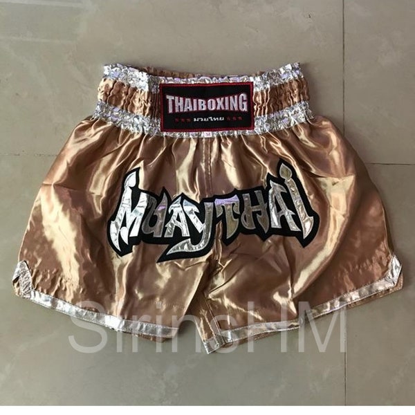 Muay Thai Boxing Shorts for Adult - Brown with Silver Band / Modern Style#3