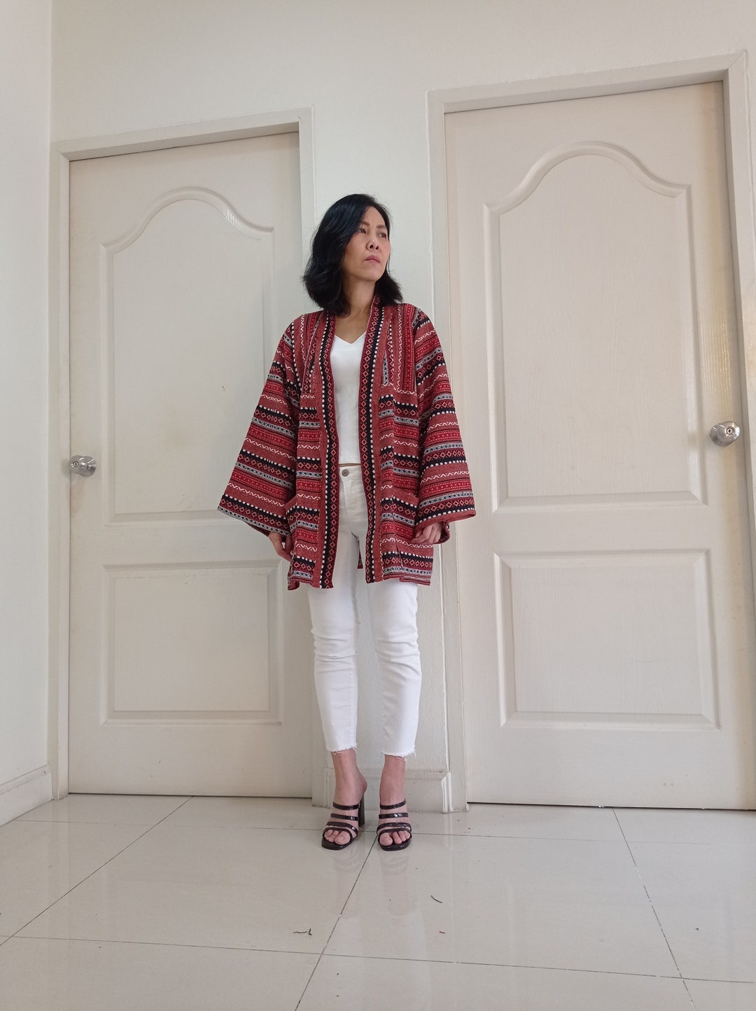 Unisex Big Size Vintage Tribal Hmong Hand Woven Cotton Jackets, Kimono, Yukata, Cardigan, Hill
