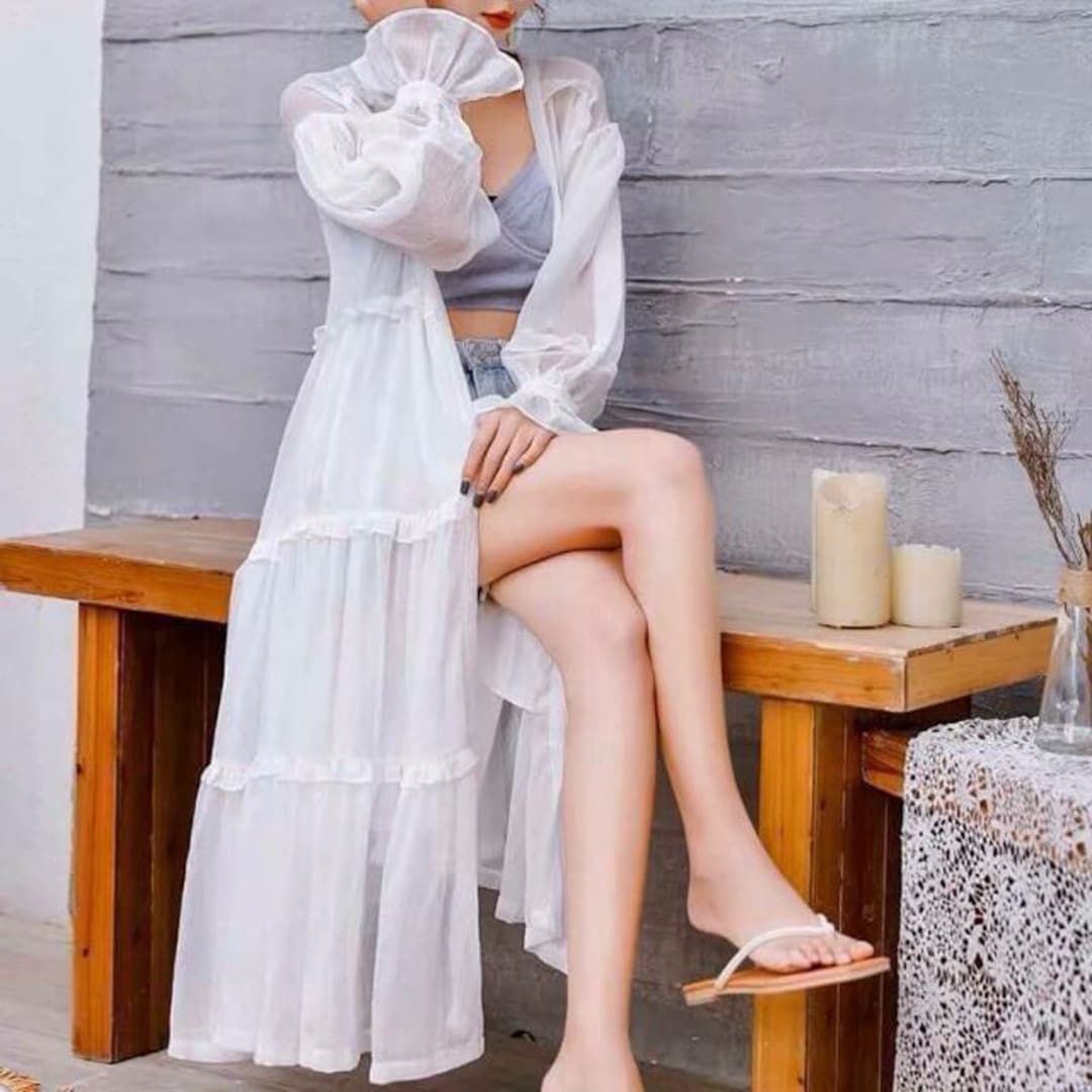 Long white hotsell chiffon cardigan