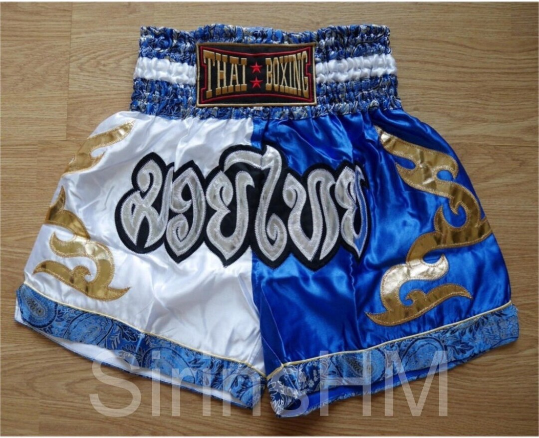 White Tartan And Blue Red Print Pattern Muay Thai Boxing Shorts main image 1