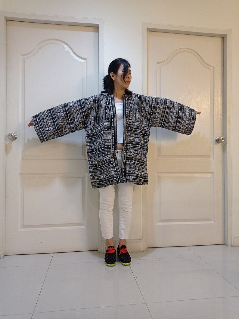 Big Size Unisex Vintage Tribal Hmong Hand Woven Cotton Jackets,Kimono,Yukata,Cardigan,Hill Tribe Woven clothing,Boho Handmade Cloth,Bohemian