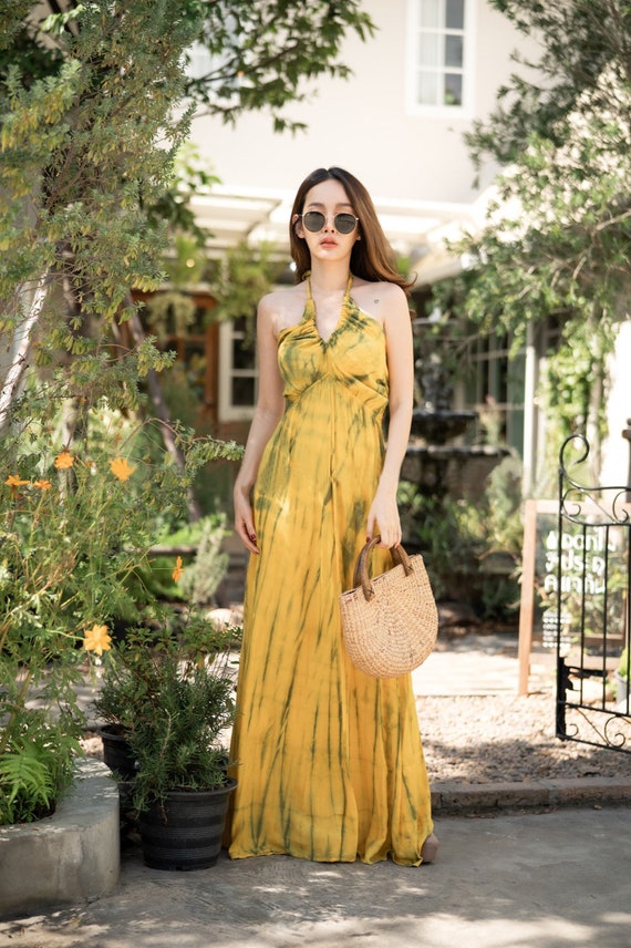 Neck Halter Cold Shoulder Smock Waist Maxi Dress Extravagant Long Dress Party Dress Day Wear Dress Summer Hand Painted Tie Dye Rayon Dress