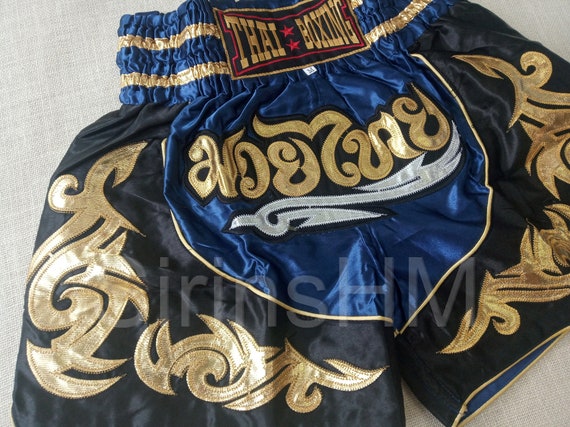 Muay Thai Boxing Shorts for Adult Dark Blue Black With Gold Thai Stripe 