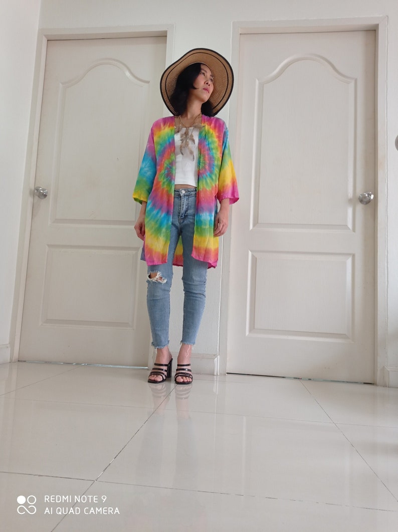 Daywear Colourful Kimono Cardigan Summer Clothing Boho Hand Painted Tie-Dye Rayon Jackets Handmade Thailand,Bohemian