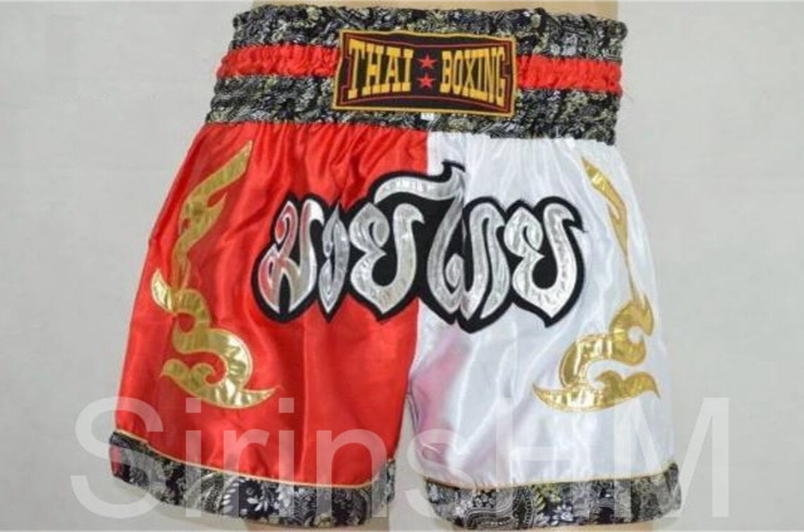 Muay Thai Boxing Shorts for Adult Red & White With Gold Thai Etsy