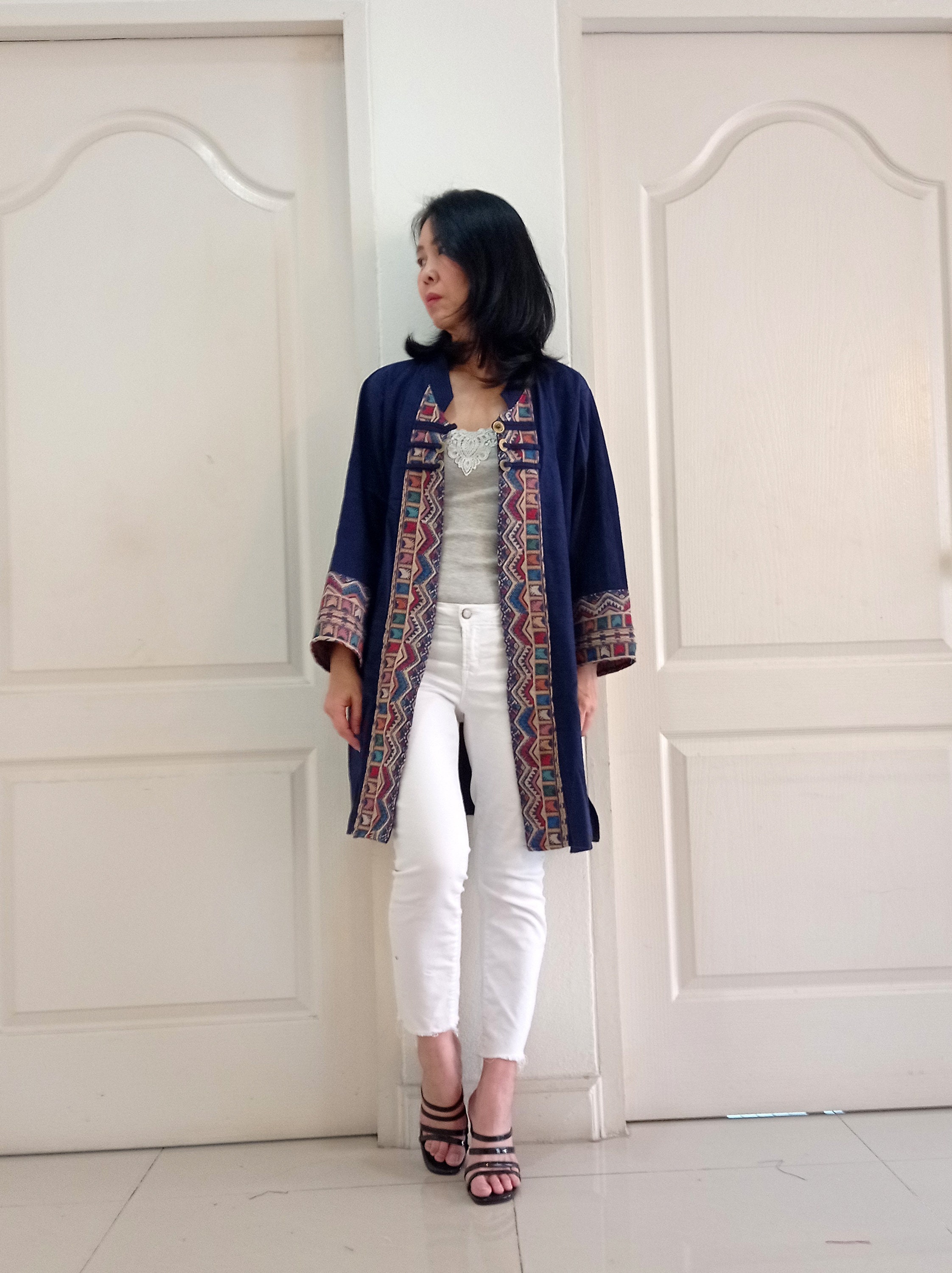 Blue Vintage Thai Lanna Hand Woven Cotton Long Cardigan, Kimono