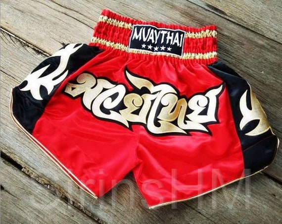 Muay Thai Boxing Shorts for Adult Red and Black Side With Gold Thai Pattern  Stripes -  Norway