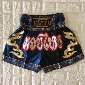 Muay Thai Boxing Shorts for Adult White and Black Side With Gold Thai  Pattern Stripes 