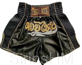 Muay Thai Boxing Shorts for Adult - Black with Black Band / Modern Style#1