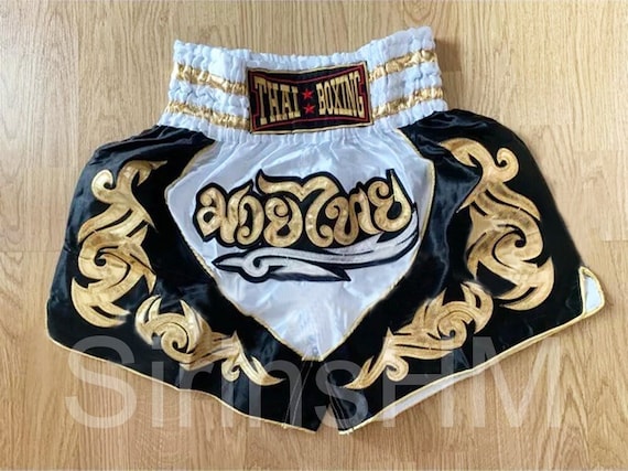 Muay Thai Boxing Shorts for Adult White Black With Gold Thai Stripe 