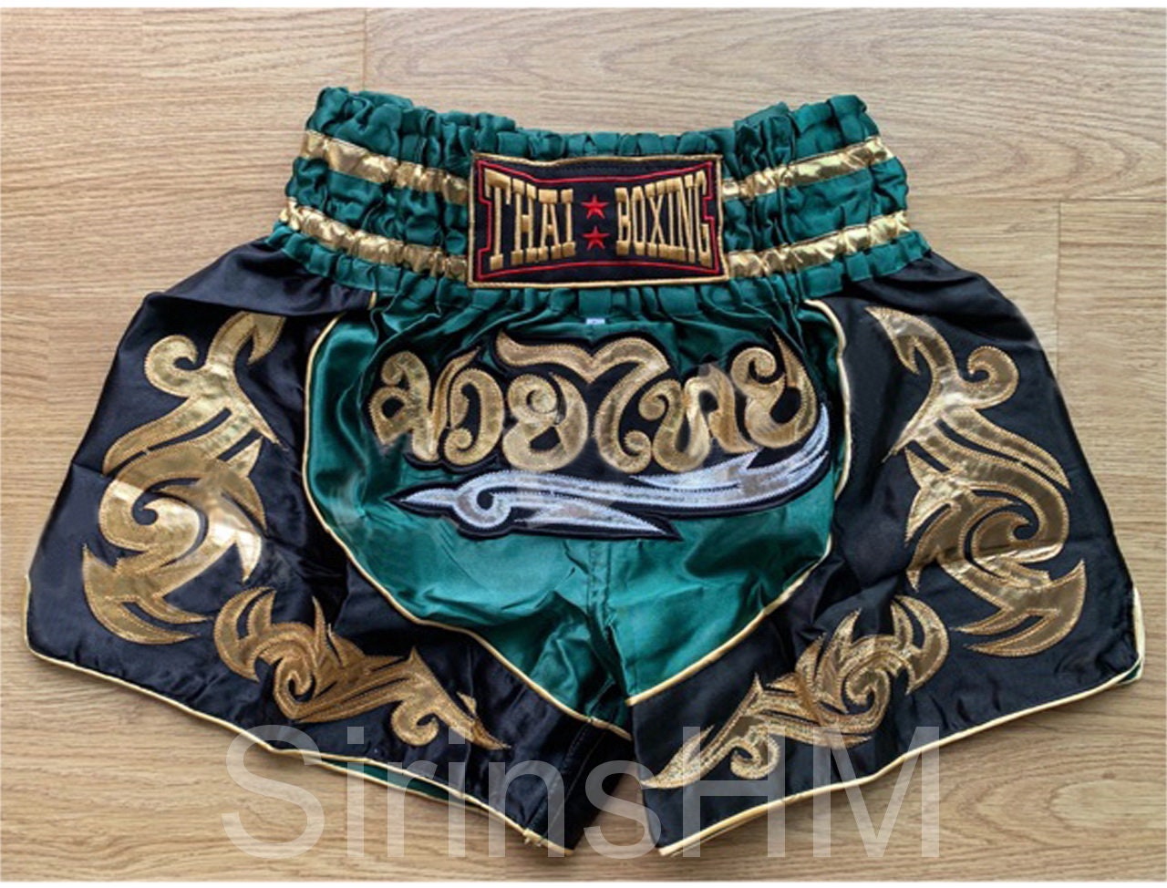 Muay Thai Boxing Shorts for Adult Green Black With Gold Thai Stripe 