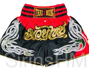 Muay Thai Boxing Shorts for Adult - Black & Red with Silver Modern Thai Stripe