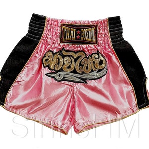 Muay Thai Boxing Shorts for Adult - Pink with Black Band / Modern Style#1