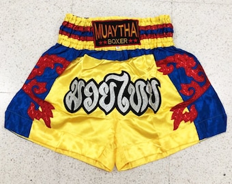 Muay Thai Boxing Shorts for Adult - Yellow Blue with Red Thai Stripe