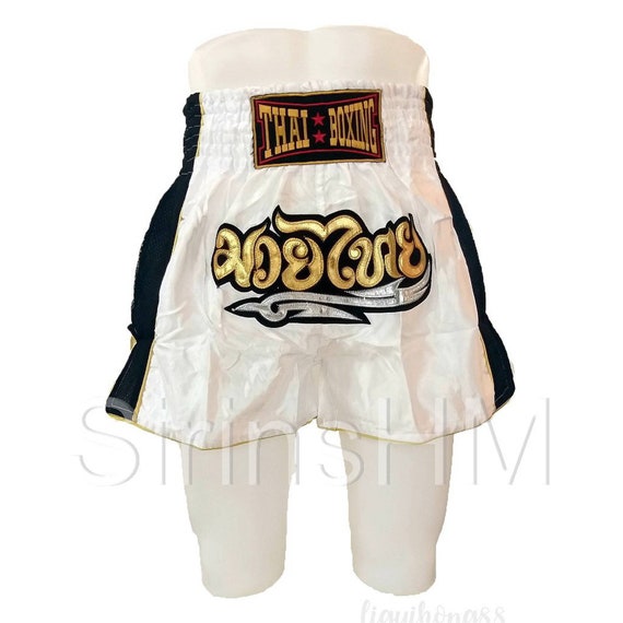 MUAYTHAI SHORTS WITH TRIBAL AND /"มวยไทย/" BLACK-SILVER-GOLD SIZE L 30/"-34/"