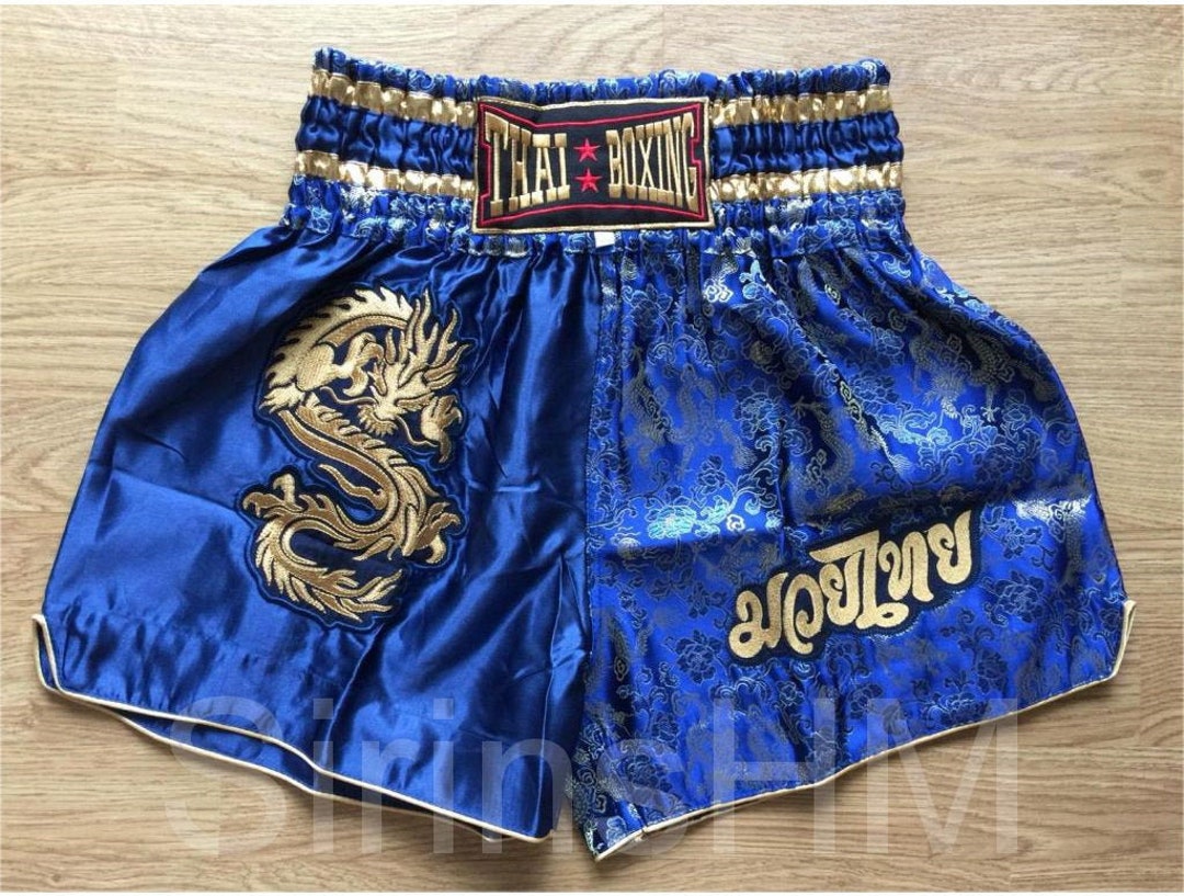 Muay Thai Boxing Shorts para Adultos Azul con Dragon Dorado Etsy Mexico