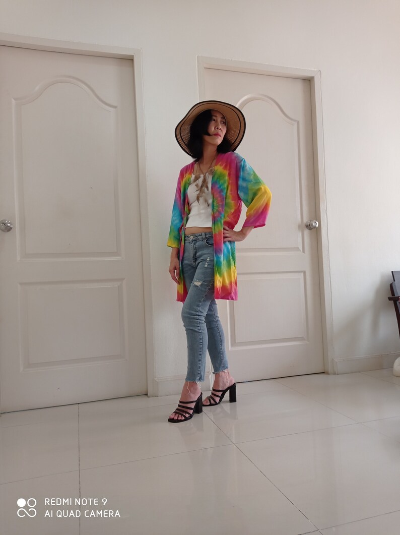 Daywear Colourful Kimono Cardigan Summer Clothing Boho Hand Painted Tie-Dye Rayon Jackets Handmade Thailand,Bohemian