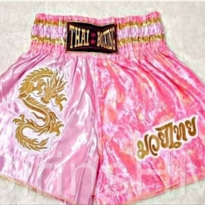 Muay Thai Boxing Shorts for Adult - Pink with Gold Dragon