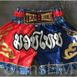 Muay Thai Boxing Shorts for Adult - Red & Blue with Gold Thai Stripe