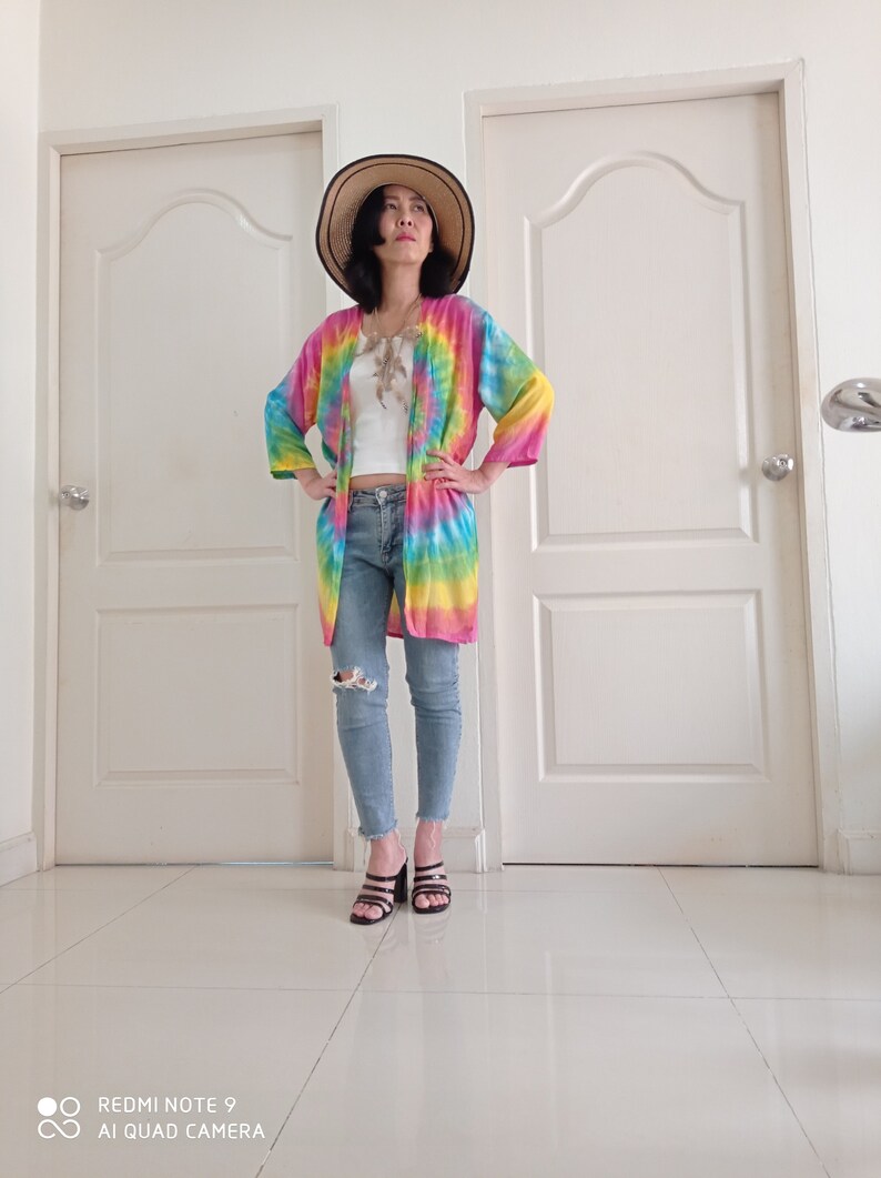 Daywear Colourful Kimono Cardigan Summer Clothing Boho Hand Painted Tie-Dye Rayon Jackets Handmade Thailand,Bohemian