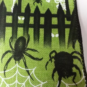Halloween Ribbon-2.5 Inch Wired Green Canvas Ribbon-Haunted House Trick or Treat Decor-Skeletons-Spider Webs-Black Bats-Spiders-Black Fence