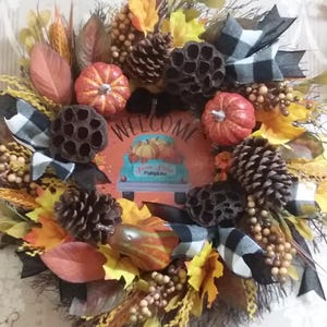 Rustic Farmhouse Fall Wreath-Fall Door Decor-Pinecones and Pumpkins-Harvest Truck-Country Autumn Door Wreath-Welcome Fall Decoration