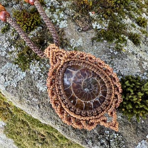 micro macrame ammonite pear shaped pendant with wood beads