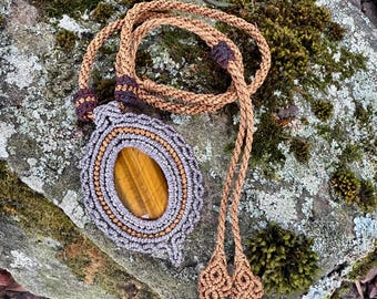 micro macrame tigers eye necklace pendant
