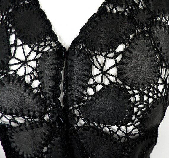 70s Leather and Crochet Intricate Black Patchwork… - image 3