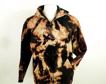 Awesome Black Brown and Tangerine Bleach Dye Cotton Rave Hoodie from JUSTIZ  Size L / XL  Made in Wales Boho Dance