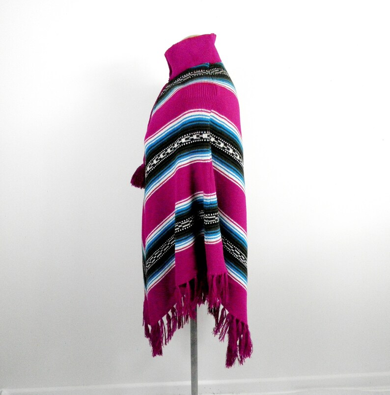 1970s Magenta White Turquoise and Black Geometric V Striped Acrylic Fringed Poncho Size S Boho Retro Art Festival Hippie Vegan Ethnic