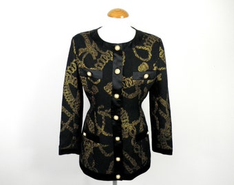 1980s Black and Gold Lurex Fitted Hourglass Collarless Jacket from Faire la Bise Size S UK 8 - 10 Classic Cocktail Evening Glam