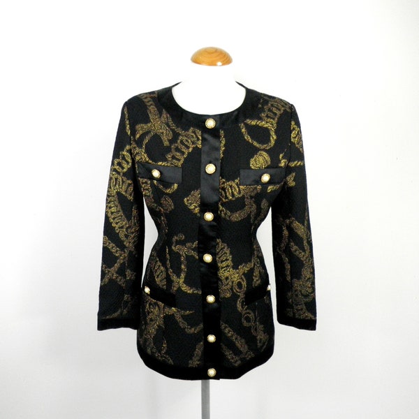 1980s Black and Gold Lurex Fitted Hourglass Collarless Jacket from Faire la Bise Size S UK 8 - 10 Classic Cocktail Evening Glam