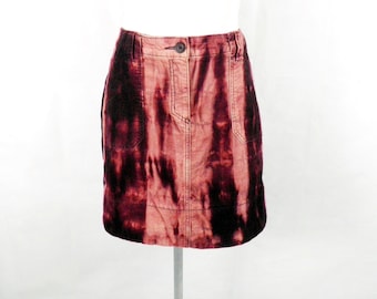 Gorgeous Wine Red to Dusky Pink Reverse Tie Dye Cotton Velvet Mini Skirt from JustIZ  Size M UK 14 Made in Wales Boho Tie Dye Unique