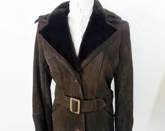 1960s Swinging Dark Brown Sheepskin Belted Maxi Coat Size S  UK 8 - 10 Made in England Classic Boho Cosmo Glam Funky