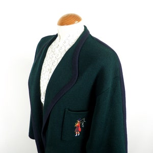 1970s Dark Forest Green and Navy Wool Cardigan with Embroidered Bagpiper by Yarell Made in Germany Size M / L UK 14 - 16 Classic Boho Folk