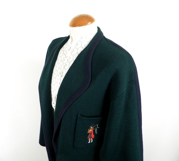 1970s Dark Forest Green and Navy Wool Cardigan wi… - image 1
