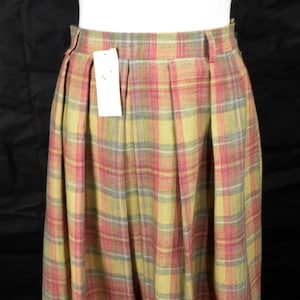 1980s DAKS New Luxury Pale Yellow Red and Green Check Linen Skirt  Made in GB Size M UK 14 Classic Boho Holiday