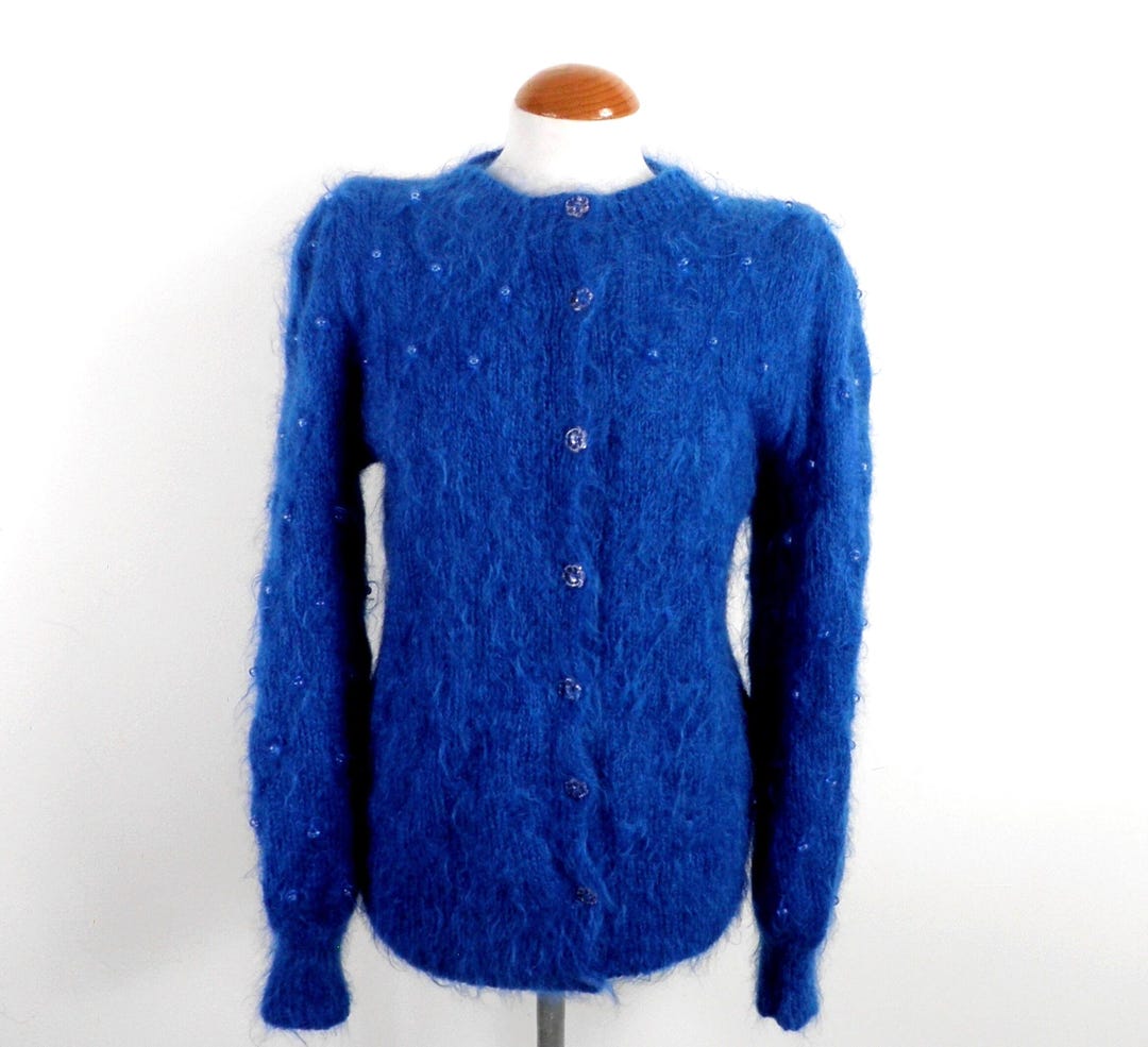 1970er Jahre Blaue flauschige handgestrickte Mohair und Wolle