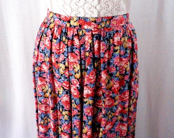 80s Liberty New Red Blue and Burnt Gold Floral Long Cotton Skirt by Thomas and Jonathon Size S UK 10 Made in England Boho Classic