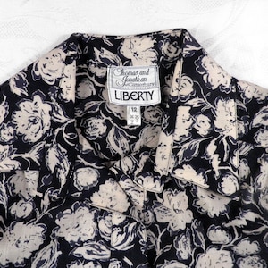 1980s Liberty Varuna Wool New Navy and Cream Floral  Blouse by Thomas and Jonathon Canterbury Size  XS / S UK 8 Made in England