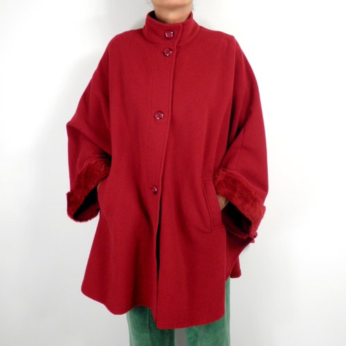 1960s Deep Red Wool and Cashmere Midi Cape shops with Mandarin Collar by Lady Charme Size M / L UK 14/16 Classic Glam Fairy Boho Folk Fairy Magic