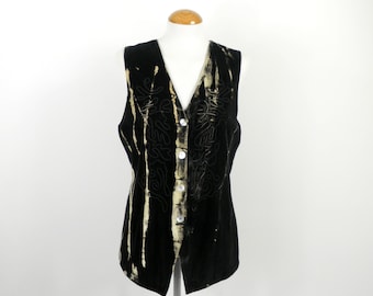 1970s Black with Cream and Beige Bleach Dye Velvet Long Waistcoat / Gilet from JUSTIZ  Size M UK 14 Made in Wales Boho Tie Dye Unique