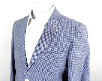 jaren 90 blauw en wit geruit getailleerd linnen blazerjasje van pak fabriek maat S Maat valt borstomvang 38 inch klassiek traditioneel