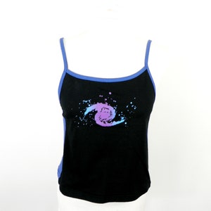 1990s Black and Blue Panelled Ravers Strappy Vest Top with Cosmic Swirl Symbol by Rangi Changi  Size S UK 8   Rave Dance Psychedelic