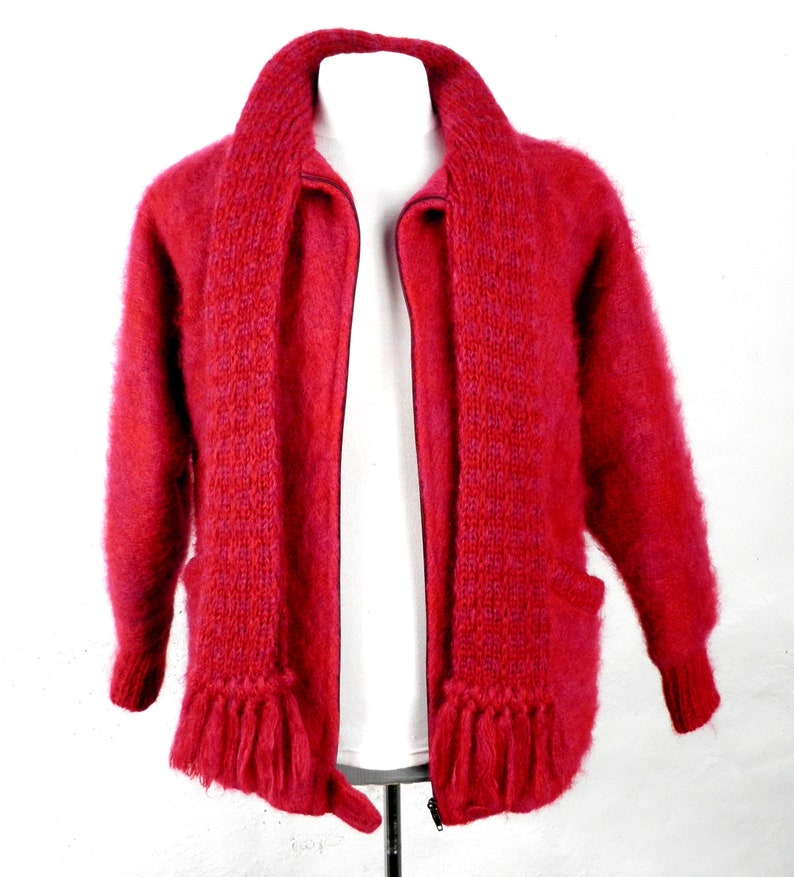 Irish Handwoven Red and Deep Pink Mohair and Wool Zip Jacket by Donegal Design Size XL Chest 46 - 48 inches Traditional Classic 1980s image 7