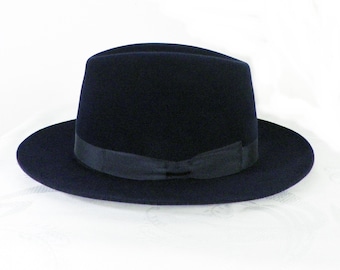 1970s Dark Navy Fedora Hat with Fur Felt and Leather Band by Joules Size  Measures 52 cm -54 cm    Classic Iconic Luxury Formal Cool Street