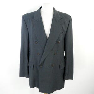 1980s Grey Double Breasted Tailored Wool Blazer Jacket by Strellson Size L / XL Chest 44 inches Classic Office Italian Cloth